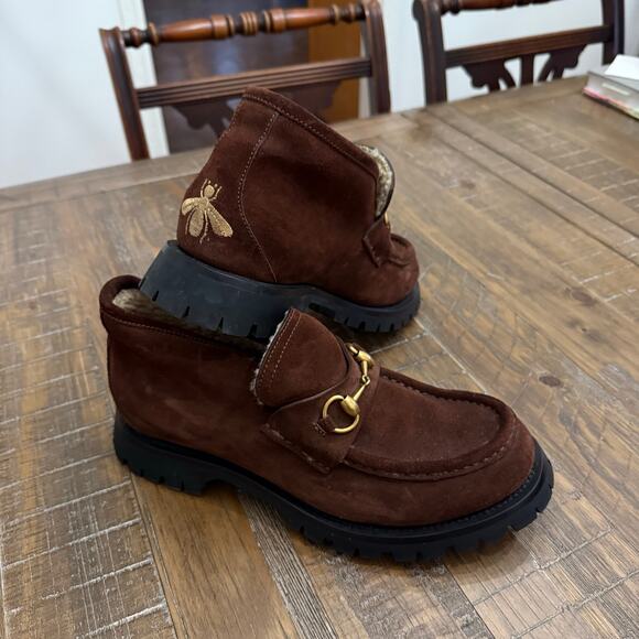 Gucci Shoes - Gucci horsebit ankle boot brown suede shearling lining